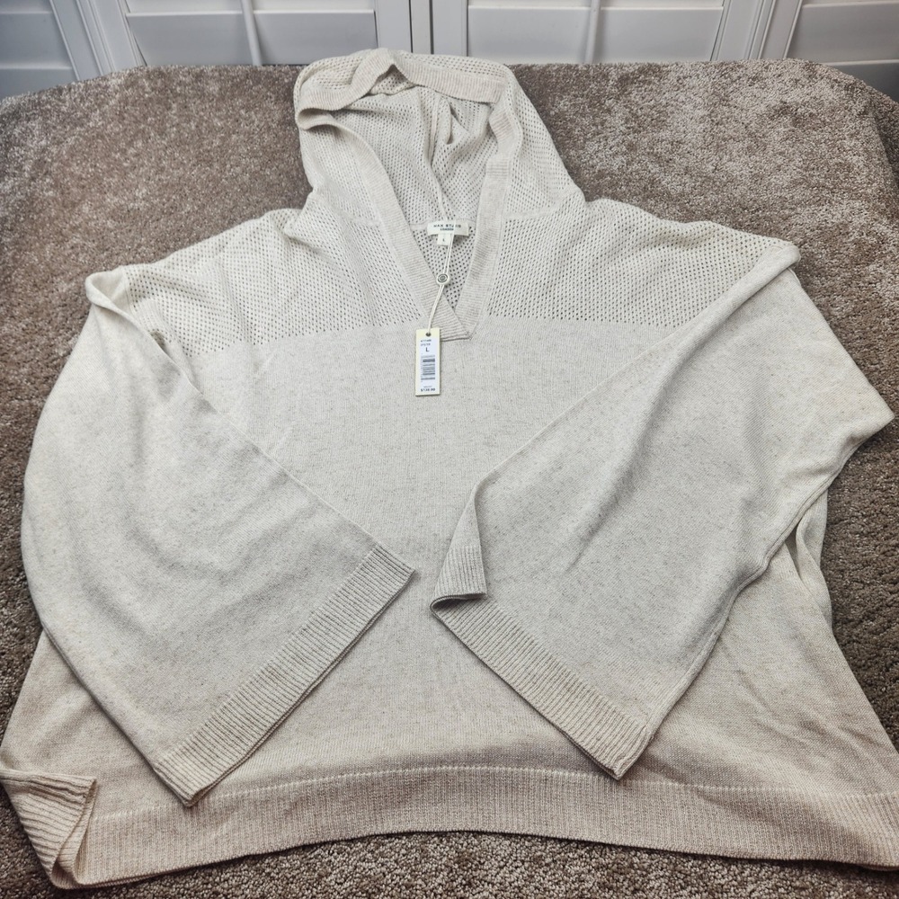Max Studio London Oyster Knit Hoodie Bell Sleeve V-Neck Sweater NWT L 4711499
